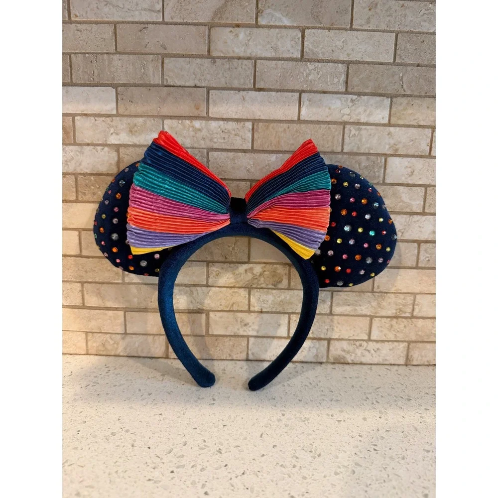 Disney Parks Minnie Mouse Headband Rhinestone Jewel Pleated Bow Navy OSFM